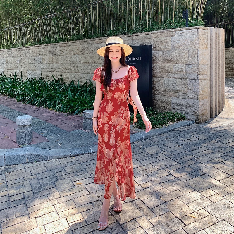 岛歌夫人【红芙漫旅】想去度假啦！法式优雅碎花连衣裙夏季修身百搭