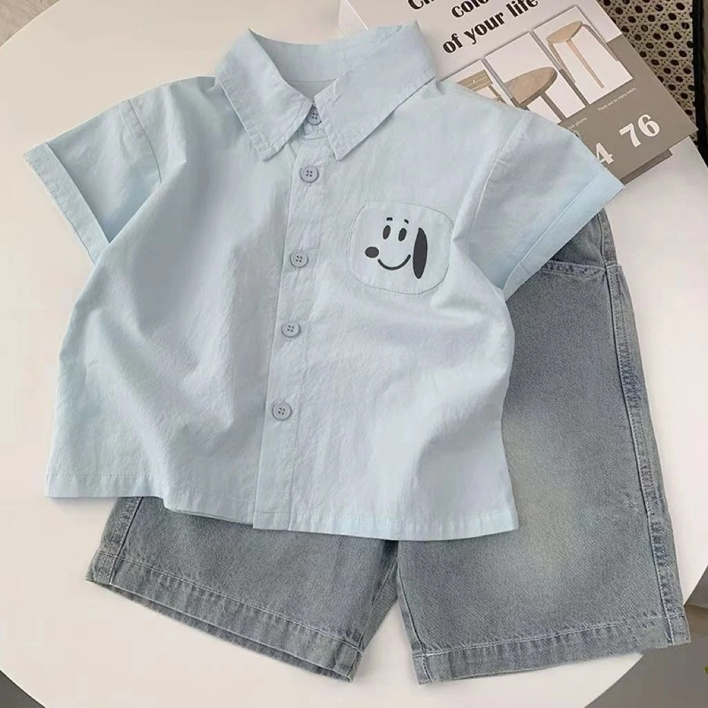 儿童夏季衬衫牛仔短裤套装2025新款休闲洋气宝宝短袖短裤两件套