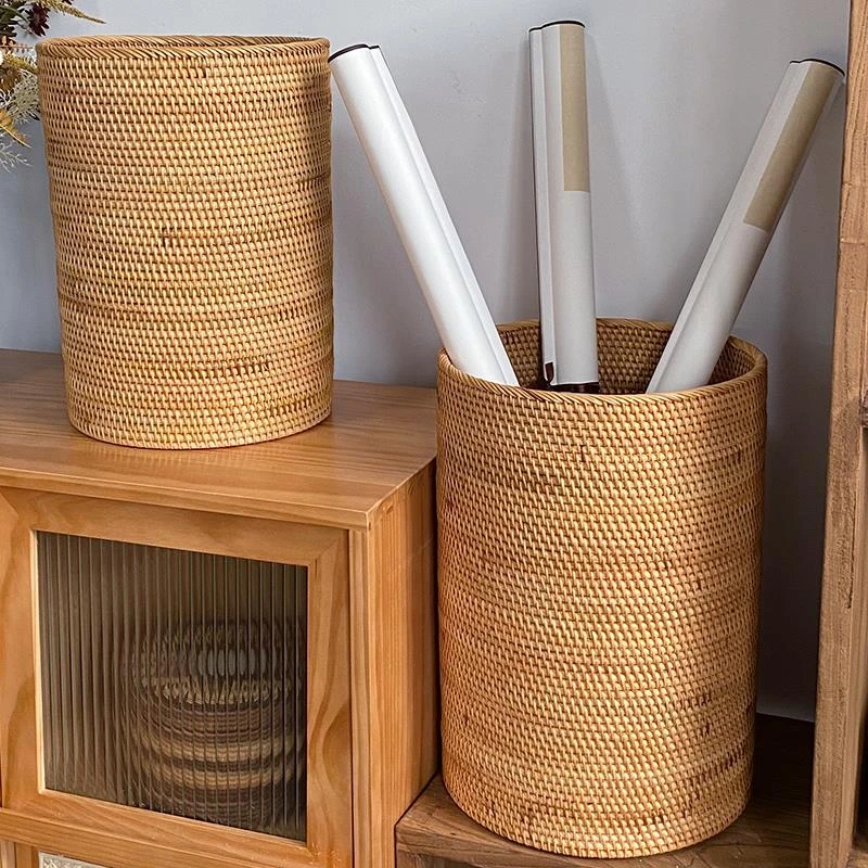 越南藤编手工中式收纳筐书房卷轴画书画字画收纳筐废纸篓收纳缸