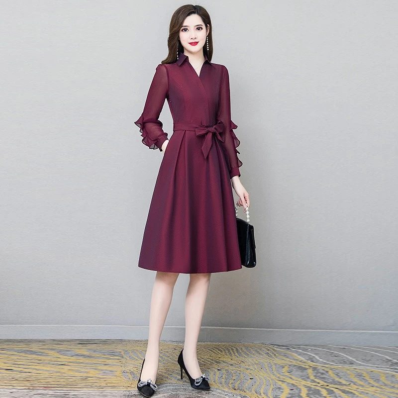 酒红色长袖连衣裙2025年时尚百搭新款优雅中年婆婆喜宴礼服秋装女