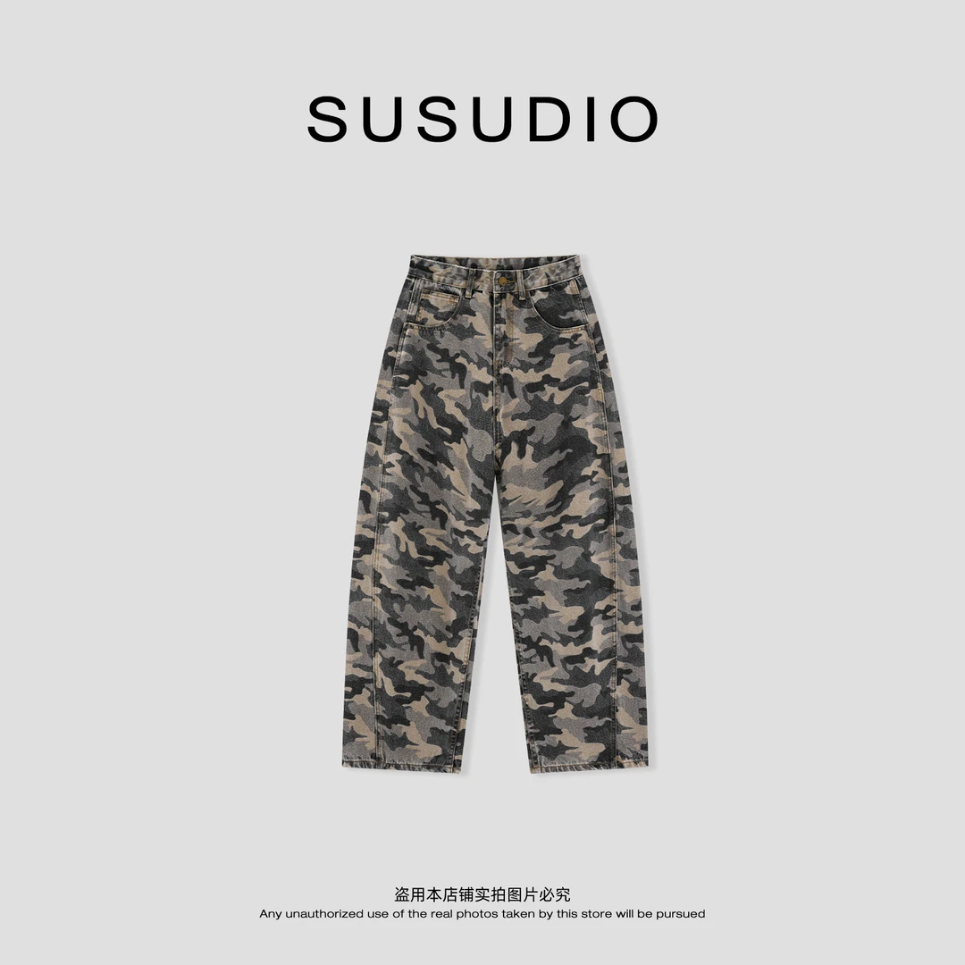 SUSUDIO 早秋复古休闲弯刀立裁中腰迷彩宽松工装牛仔裤  E5012