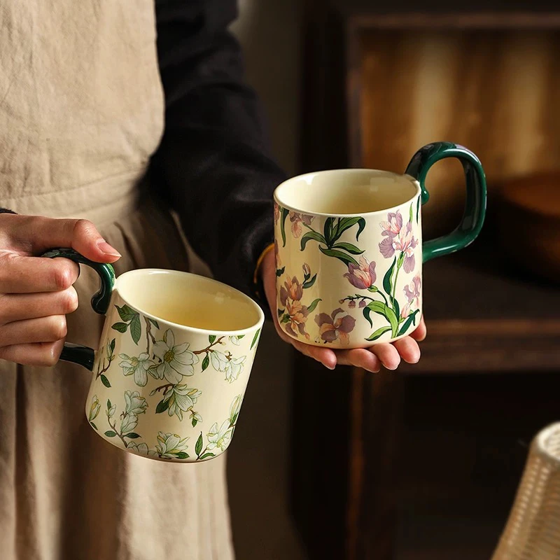 美式复古花卉铃兰花大耳杯马克杯喝水杯牛奶杯咖啡杯陶瓷杯子家用