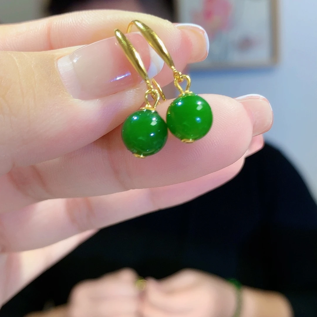 和田玉（碧玉）耳饰银S925镀金镶嵌