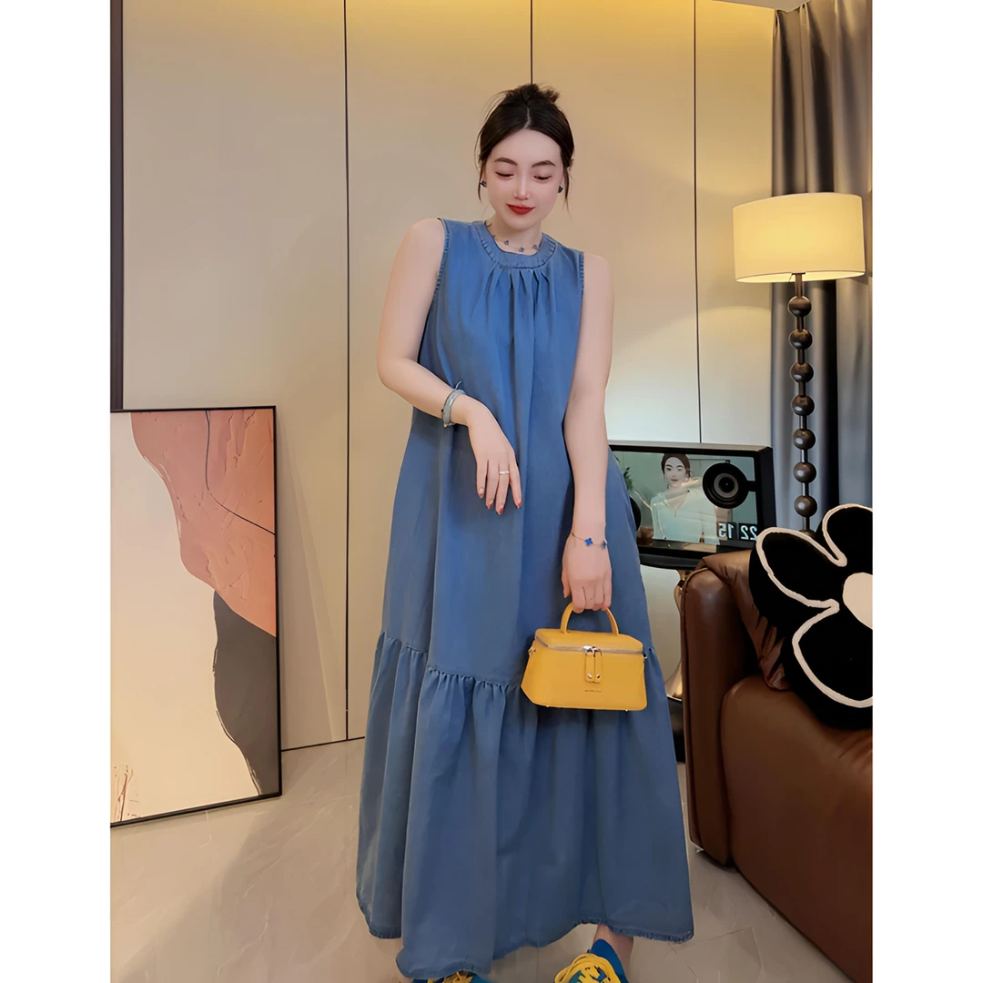 夏季 设计感欧式风露肩牛仔布连衣裙 疏离洒脱感 【爱情海】P955602