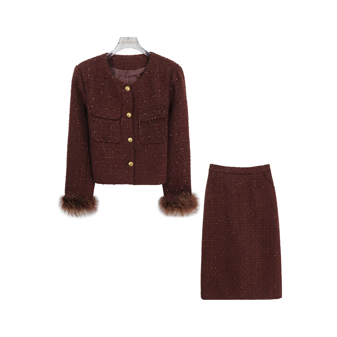 S法式名媛风亮片短上衣高腰半身裙套装S5421