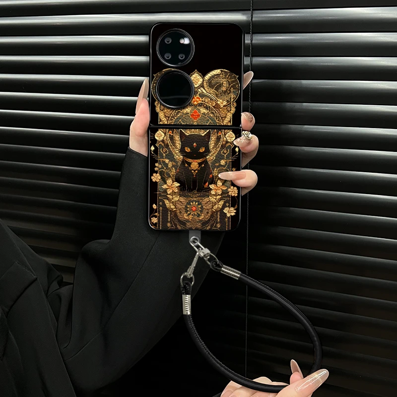 适用华为p50pocket手机壳招财猫小羊皮折叠壳全包简约保护套