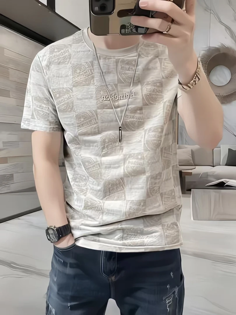 短袖t恤男夏季新款印花刺绣超薄面料半袖圆领潮流男装棉麻体恤衫