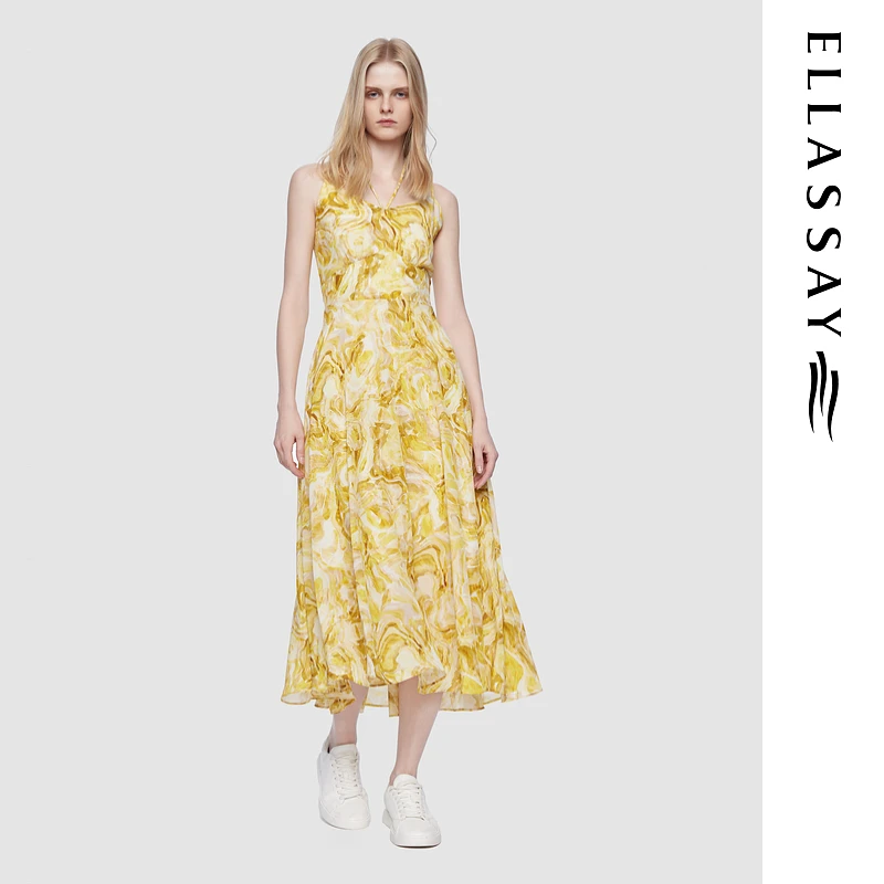 ELLASSAY歌力思2025夏季新款黄色碎花吊带连衣裙女EWU362Y01100