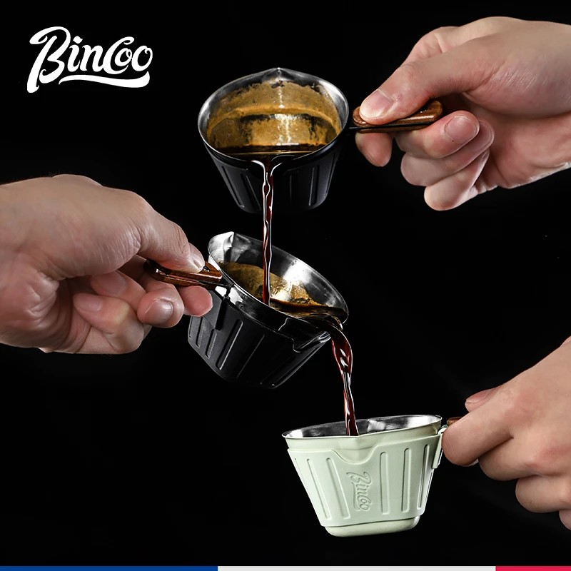 Bincoo木柄意式浓缩咖啡量杯不锈钢带刻度小奶盅咖啡萃取杯子90ml