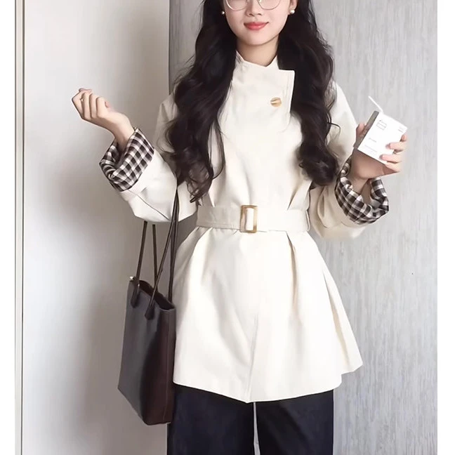 E白色立领短款风衣外套女25春秋季新款爆款小个子韩系高级感休闲