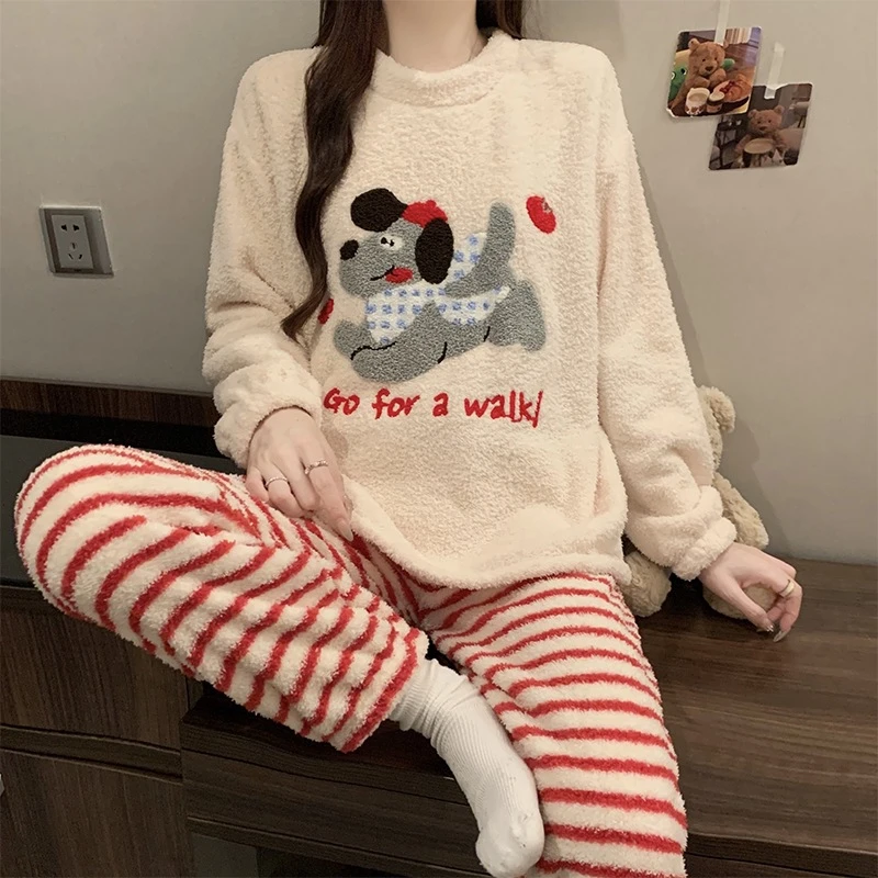 2025网红爆款冬季新款睡衣女加厚半边绒卡通可爱甜美圆领休闲家居