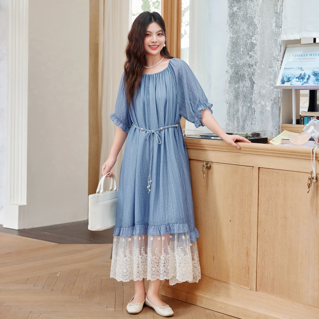 【谧蓝丝语】MsShe大码夏法式度假风蕾丝拼接长款连衣裙S~Q2505002