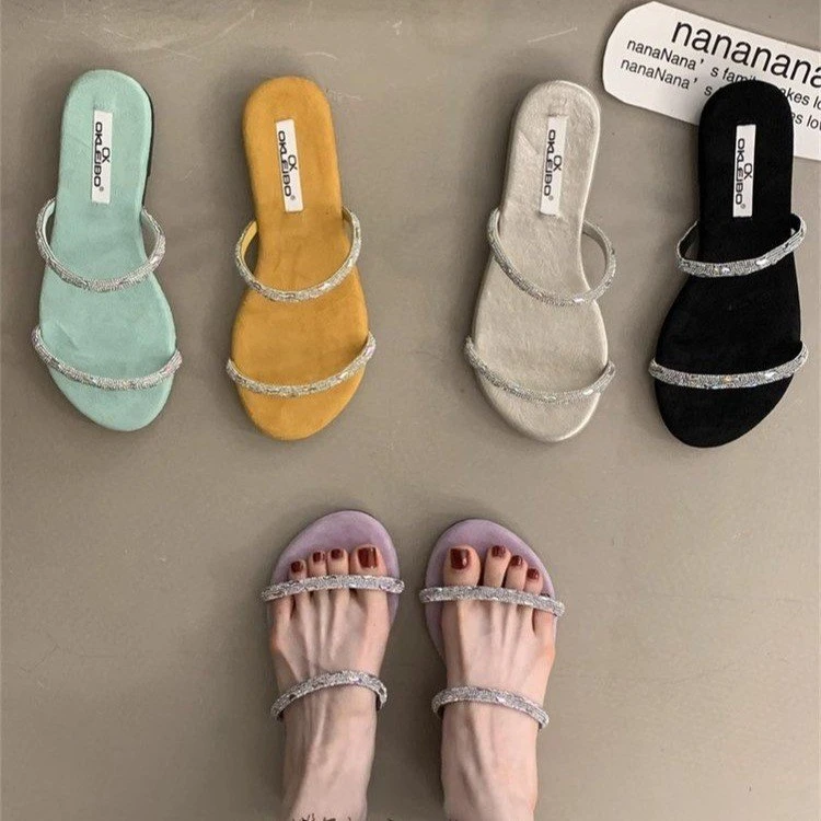 法式平底水钻一字拖鞋女外穿新款露趾仙女风搭配裙子闪闪凉拖鞋女