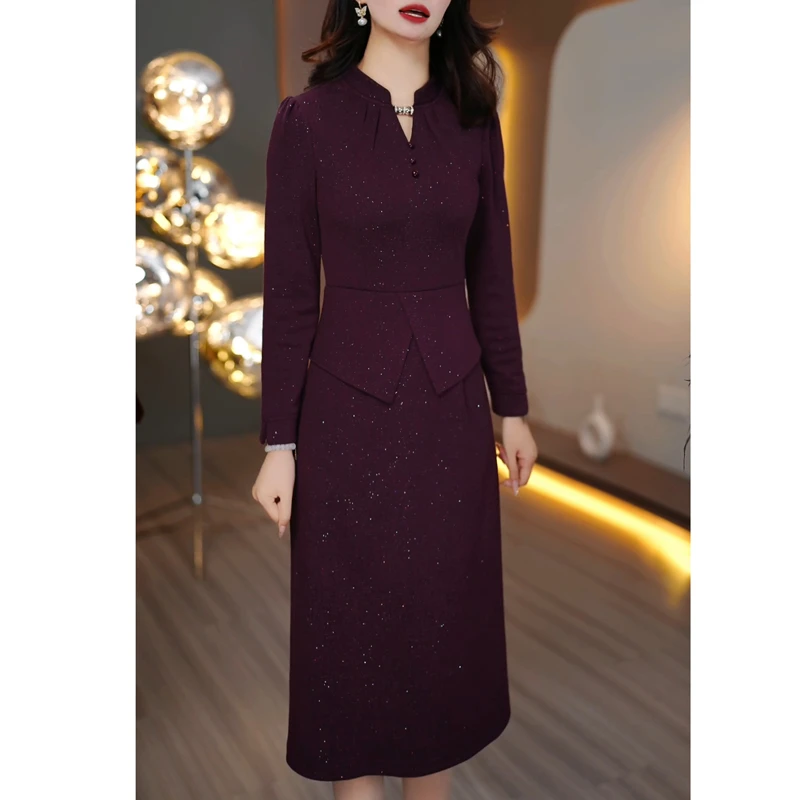 洋气妈妈气质时尚名媛修身长袖连衣裙女春秋收腰显瘦复古裙子
