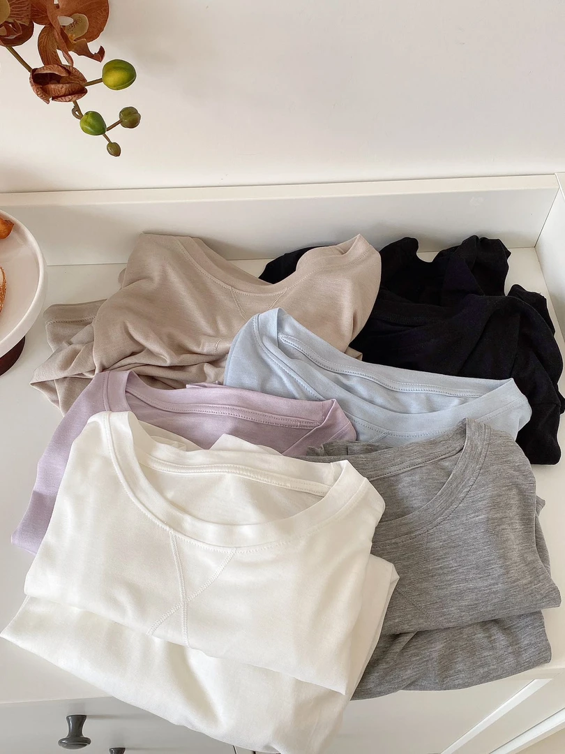 醋酸T莱赛尔天丝绵羊毛长袖打底极简宽松罩衫面膜T纯色防晒空调衫