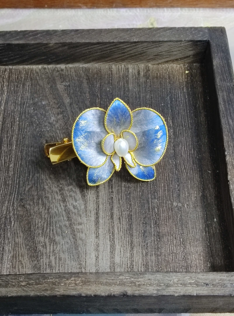 墨蓝（小桃子绒花手作）墨色蝴蝶兰发夹旗袍