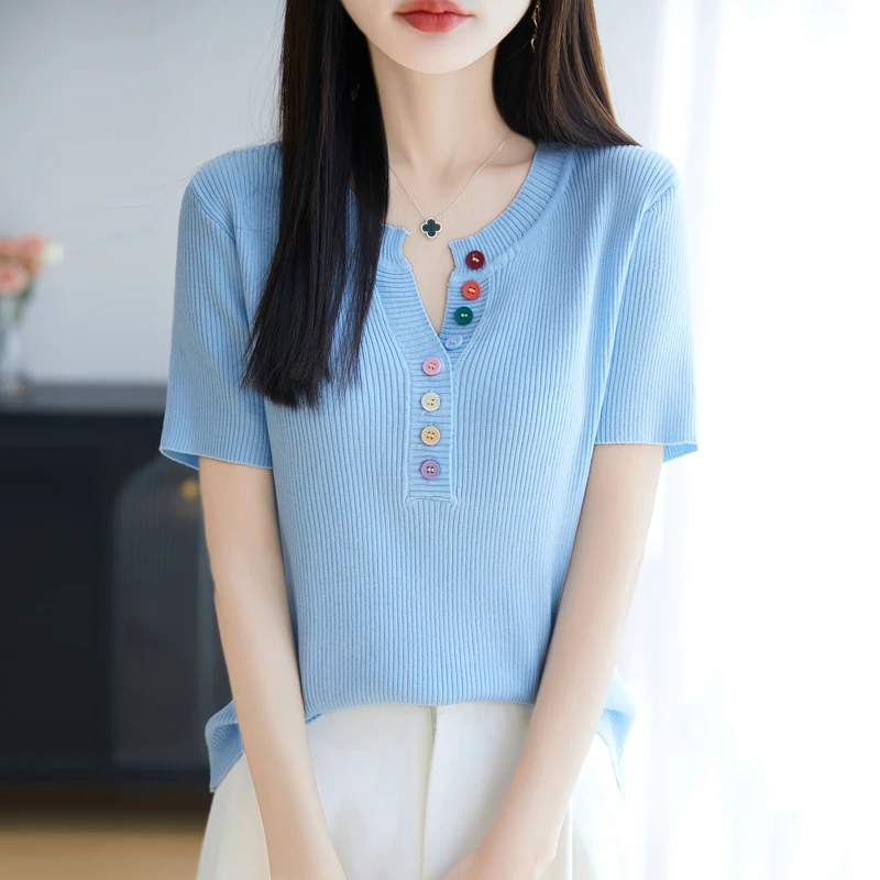 凉爽透气~不起球~减龄冰丝短袖洋气女夏季显瘦T恤针织短袖上衣