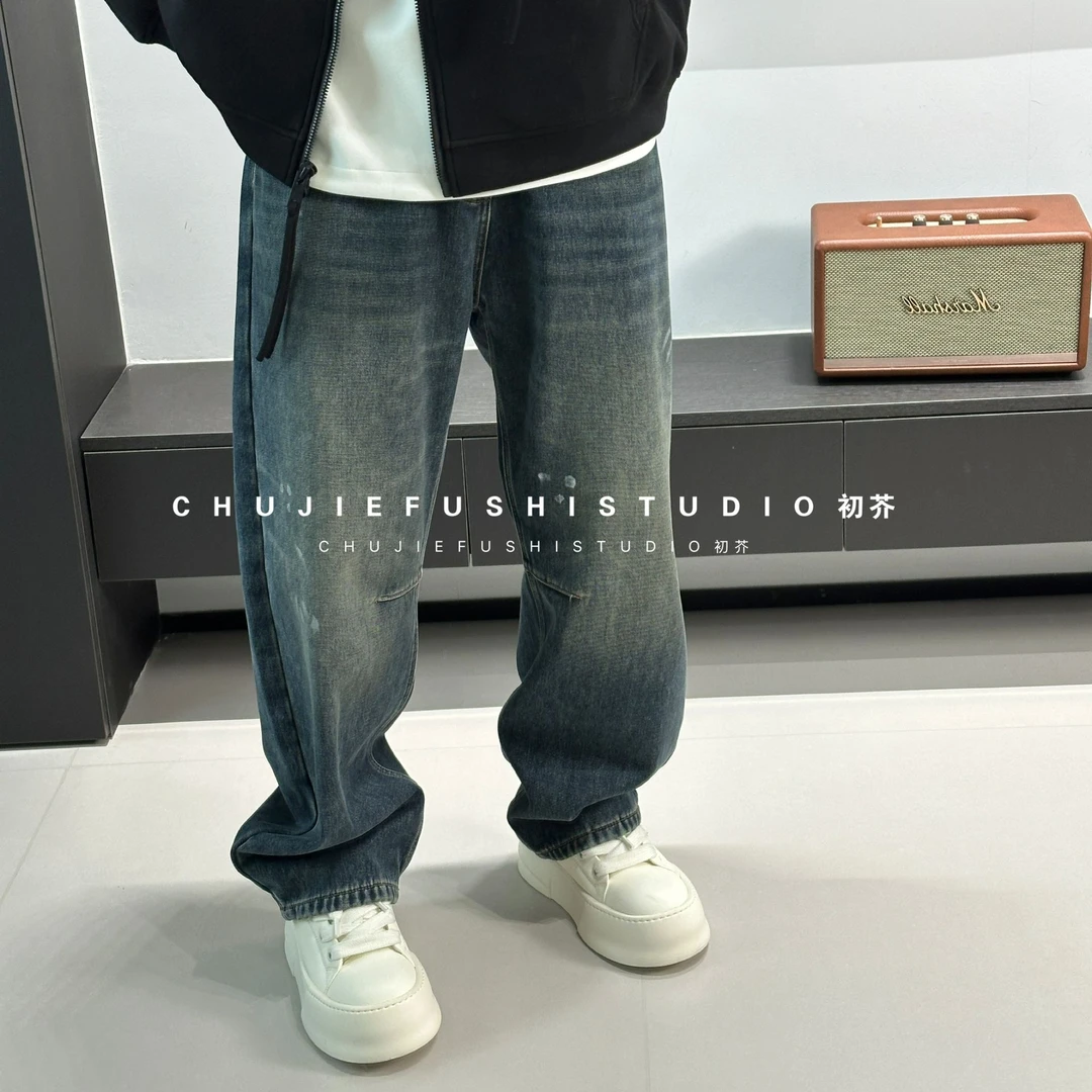 CHUJIE美式休闲结构复古水洗加厚弯刀牛仔裤