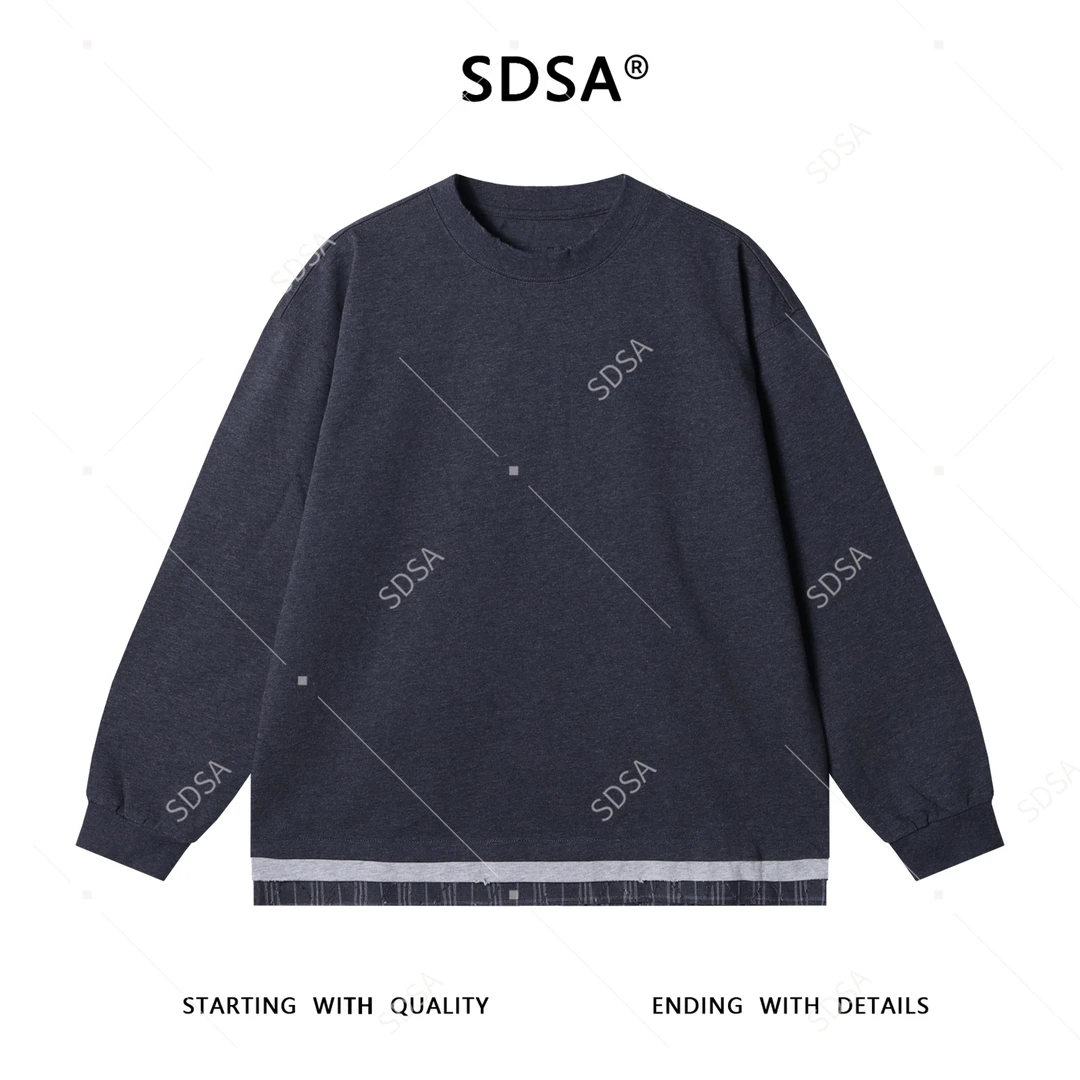 SDSA男士秋冬新款痞帅男装韩版格子拼接圆领卫衣休闲百搭套头上衣