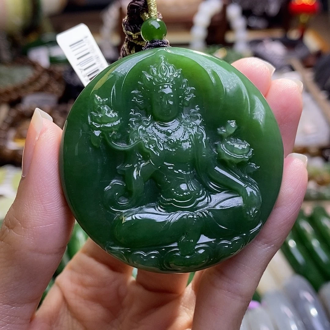 和田玉未镶嵌颈饰碧玉阳绿大度母吊坠