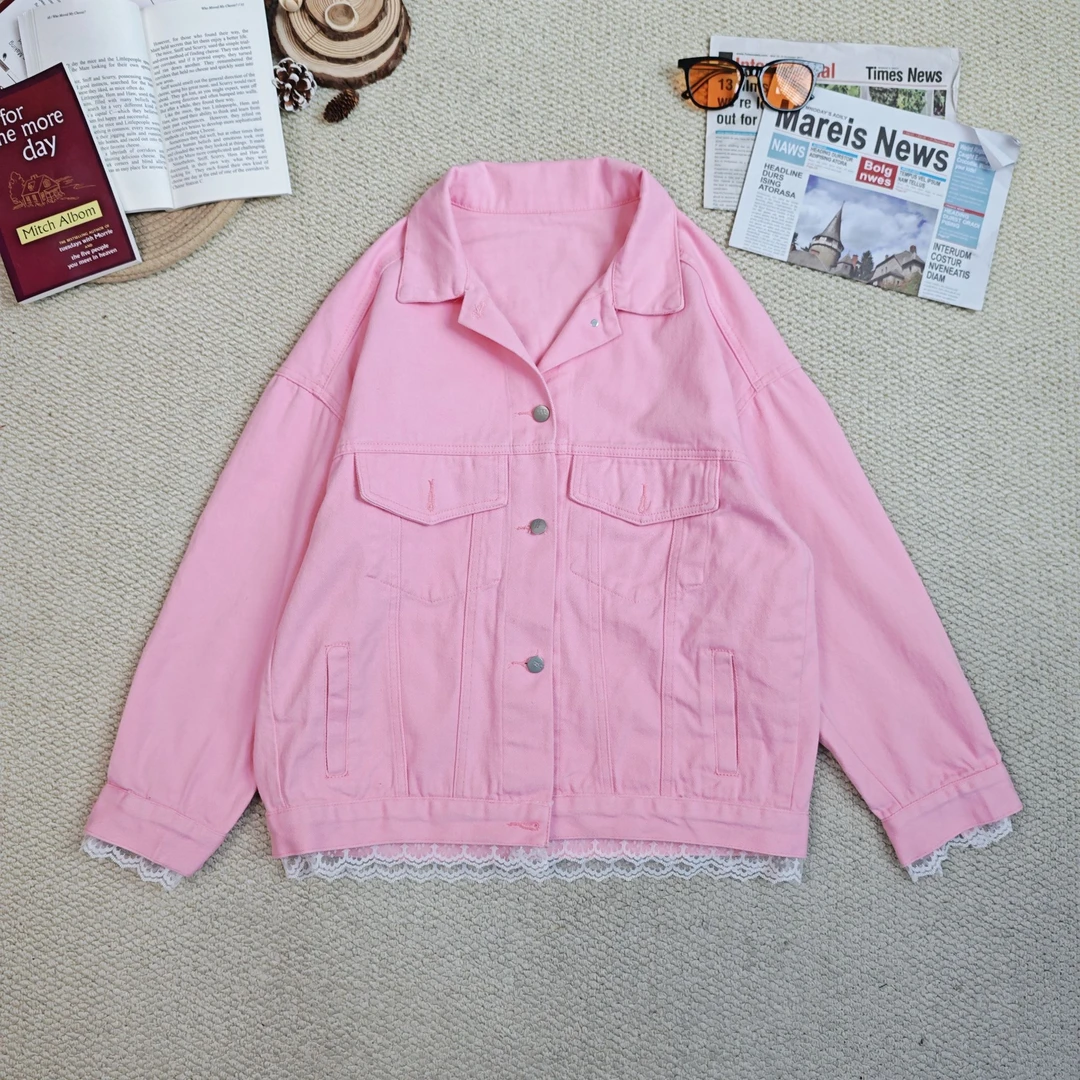 2025春季新款休闲潮牌拼蕾丝边牛仔长袖外套0043