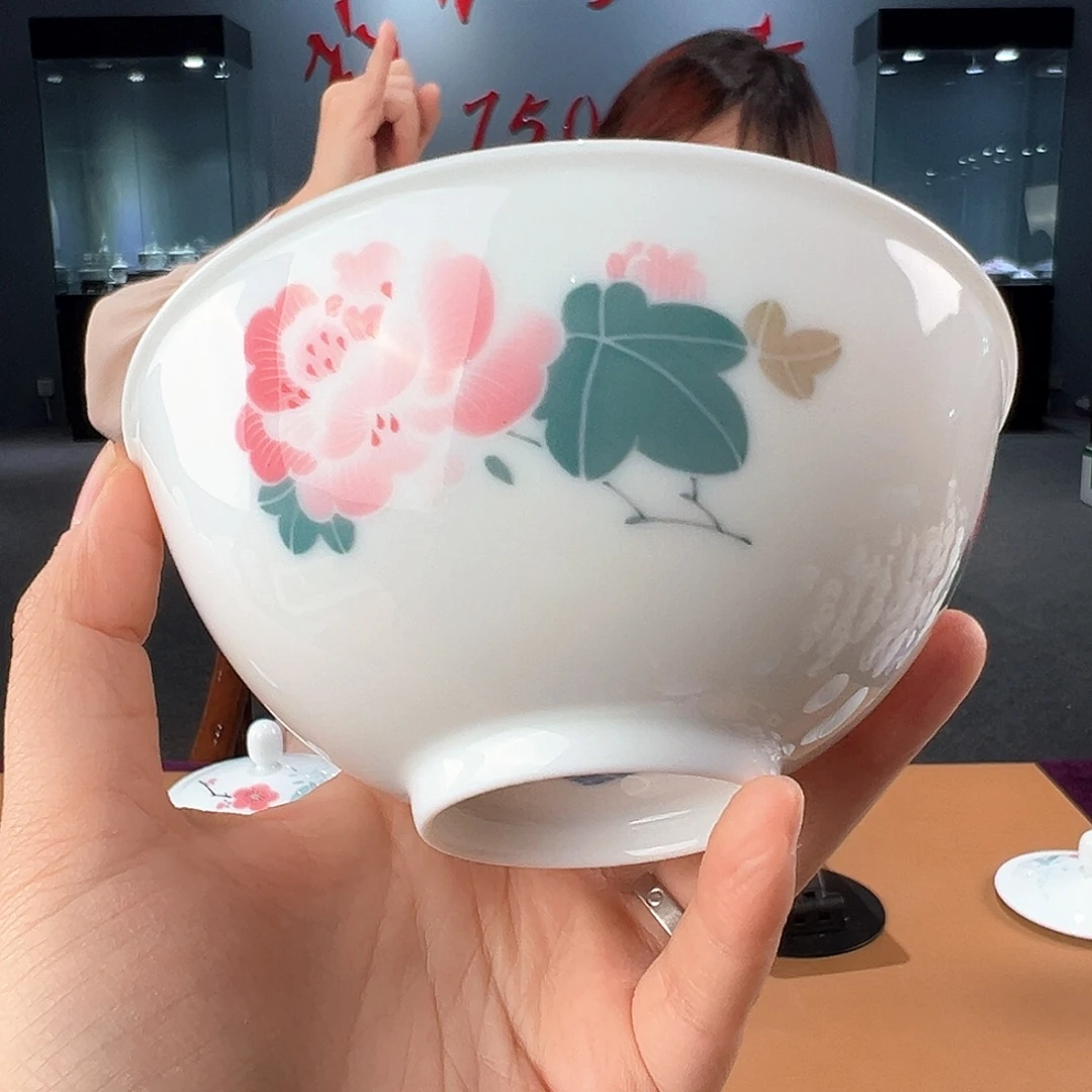 瓷柴窑 红芙蓉对花观赏碗，吸烟微瑕