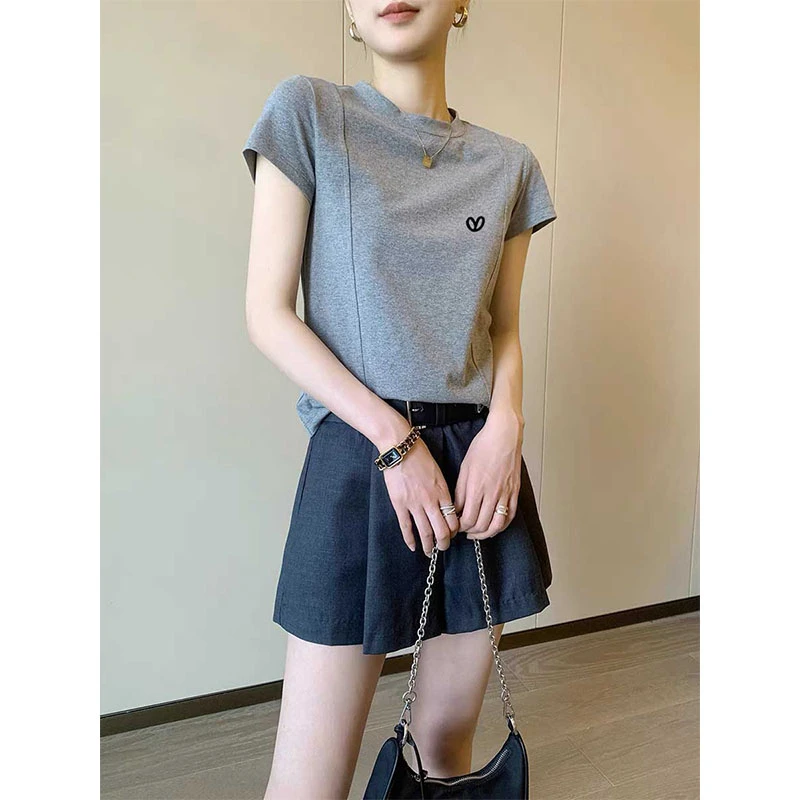 2025新款正肩拉直条磨毛短袖t恤女灰色时尚百搭上衣打底衫春夏季