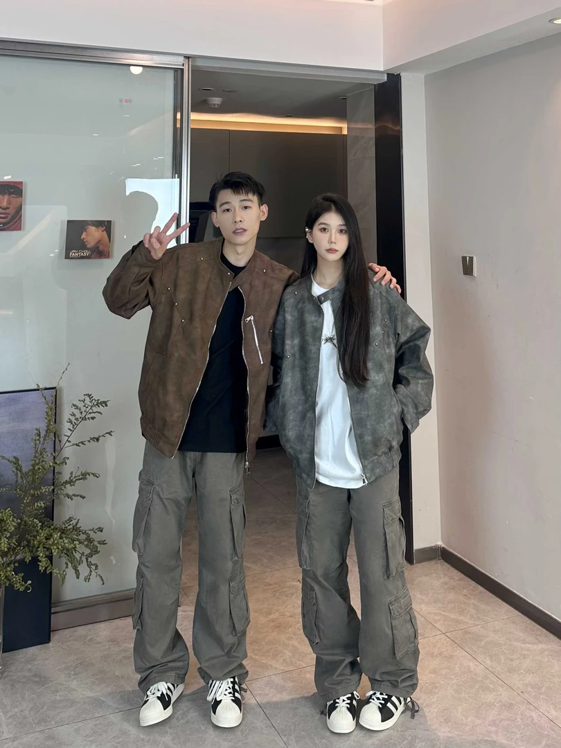 美式休闲拉链外套高级感痞帅春秋季翻领夹克潮牌设计感机车服男款