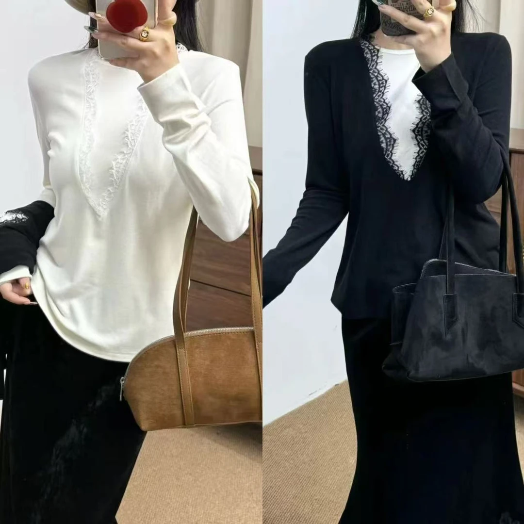 XJ M胸90-150长55蕾丝拼接磨毛轻熟假两件设计感T恤上衣 5205