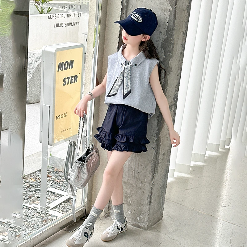 女童韩系夏装女孩夏款洋气Polo上衣短袖短裤套装中大童时髦两件套