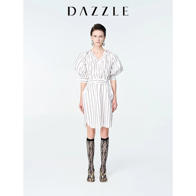 DAZZLE地素款法式条纹泡泡袖收腰连衣裙2E2O6152B