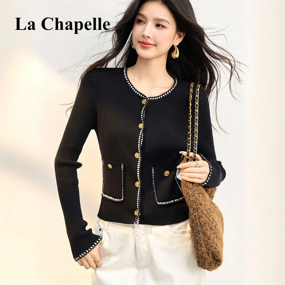 拉夏贝尔轻职风撞色拼接粗线坑条2025新款潮风黑色宽松毛衣女秋冬