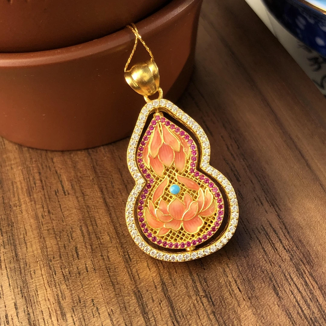 黄金足金999古法莲花福禄复古宫廷珐琅彩可转动葫芦吊坠