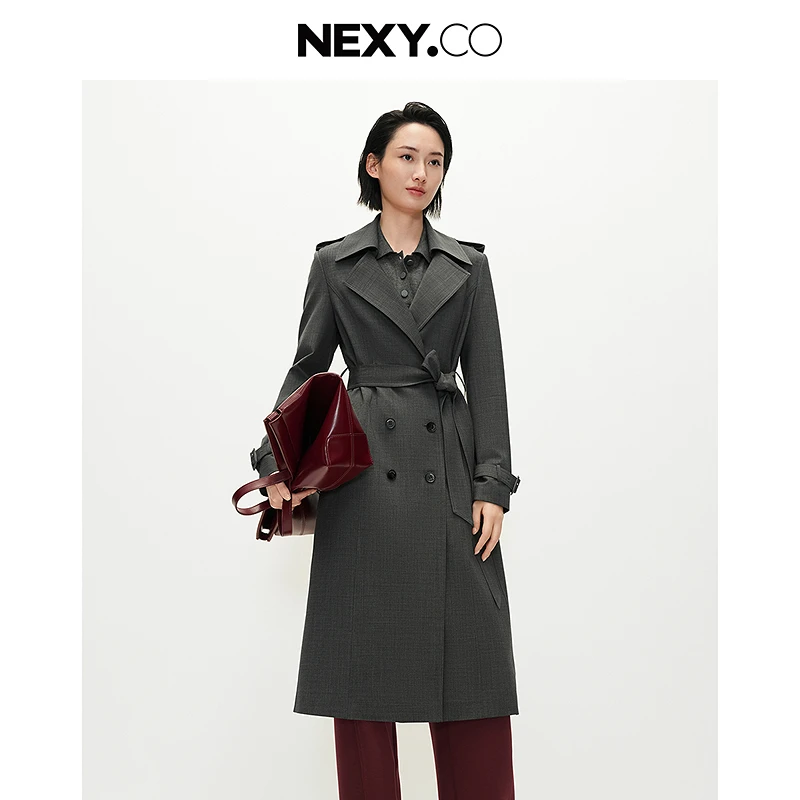 NEXY.CO/奈蔻气质时尚中长款双排扣秋季经典设计师风衣XJ00474X2