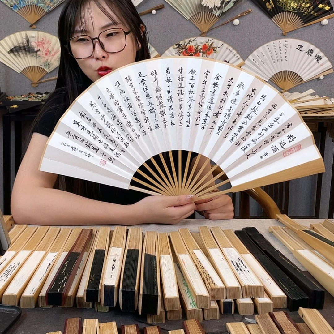 国画10寸玉竹-纯手绘-文玩扇骨（默认粘好）