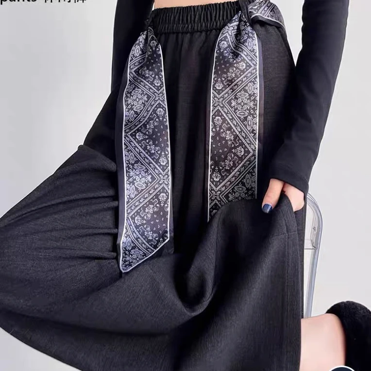 法式复古松弛冰天丝麻棉配丝巾飘带阔腿裤女夏慵懒度假风休闲裙裤