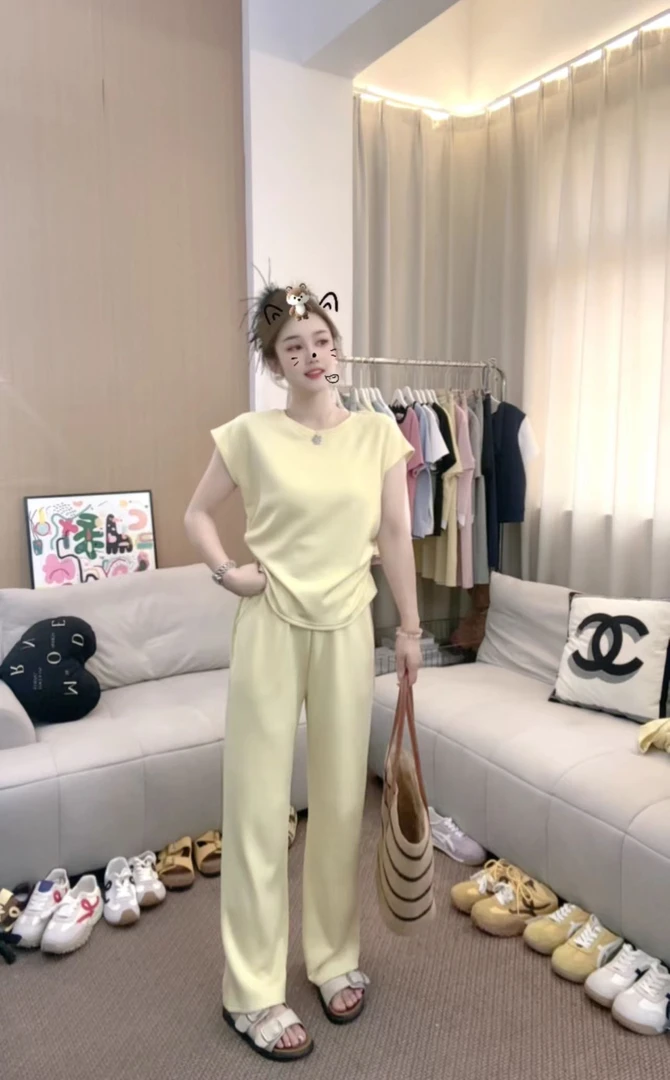 2025夏季新款空气棉修身显瘦小飞袖套装裤子