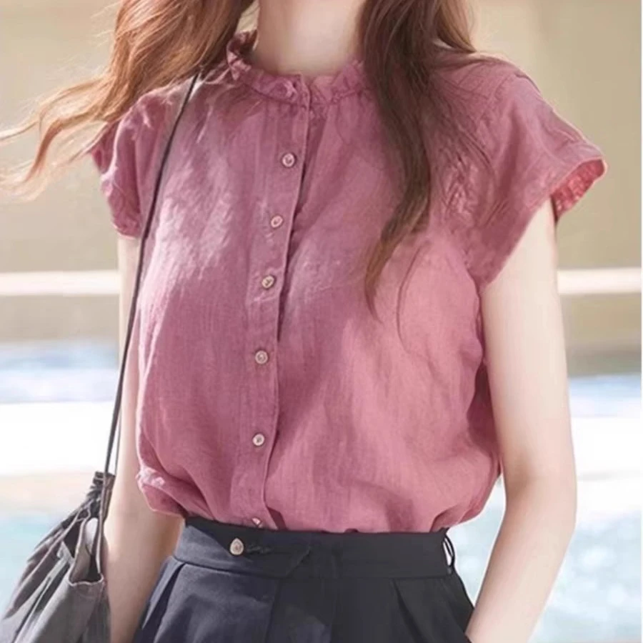 哥弟阿玛施正夏季新款设计感小众木耳边立领小飞袖宽松显瘦衬衫女