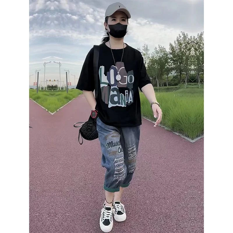 2025年夏季大码女装休闲上衣牛仔裤两件套时尚气质设计感简约套装