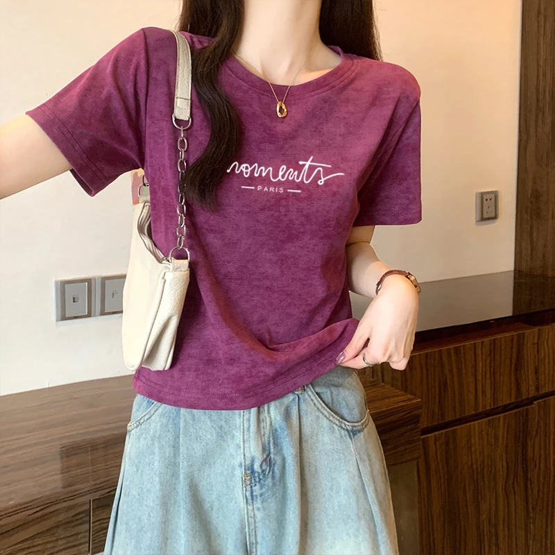 美式辣妹扎染正肩短袖t恤女夏季设计感小众甜辣风设计感短款上衣