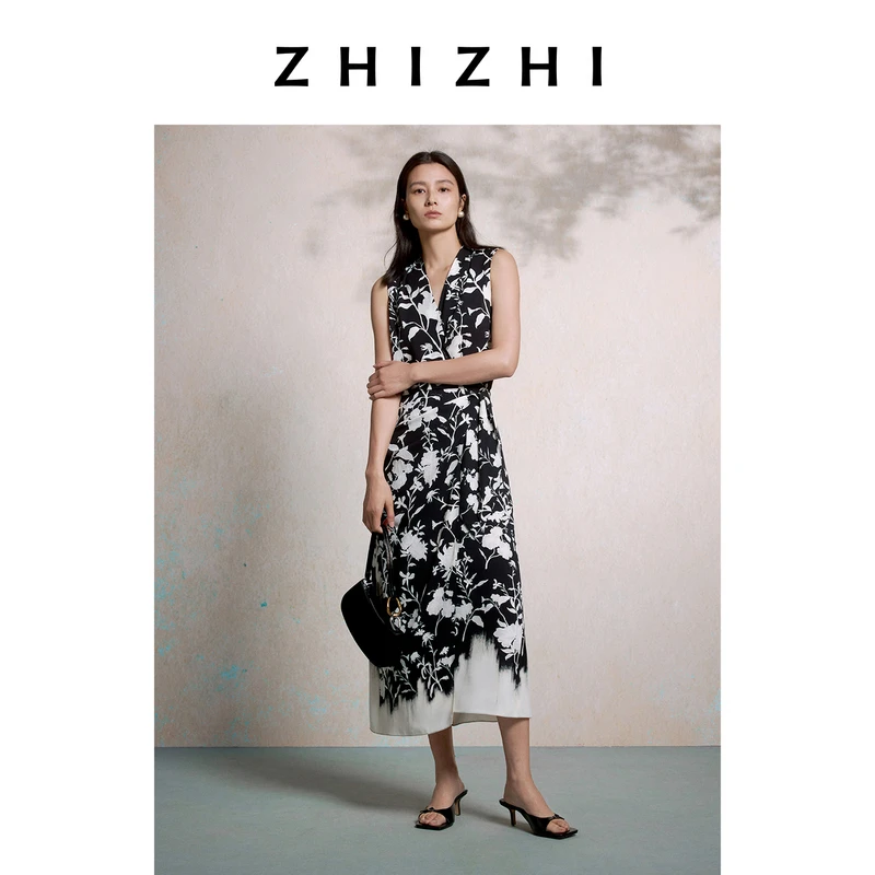 【温躲躲专享】致知 落花时 剪影印花连衣裙女优雅裙型ZZ2EMWLZ022