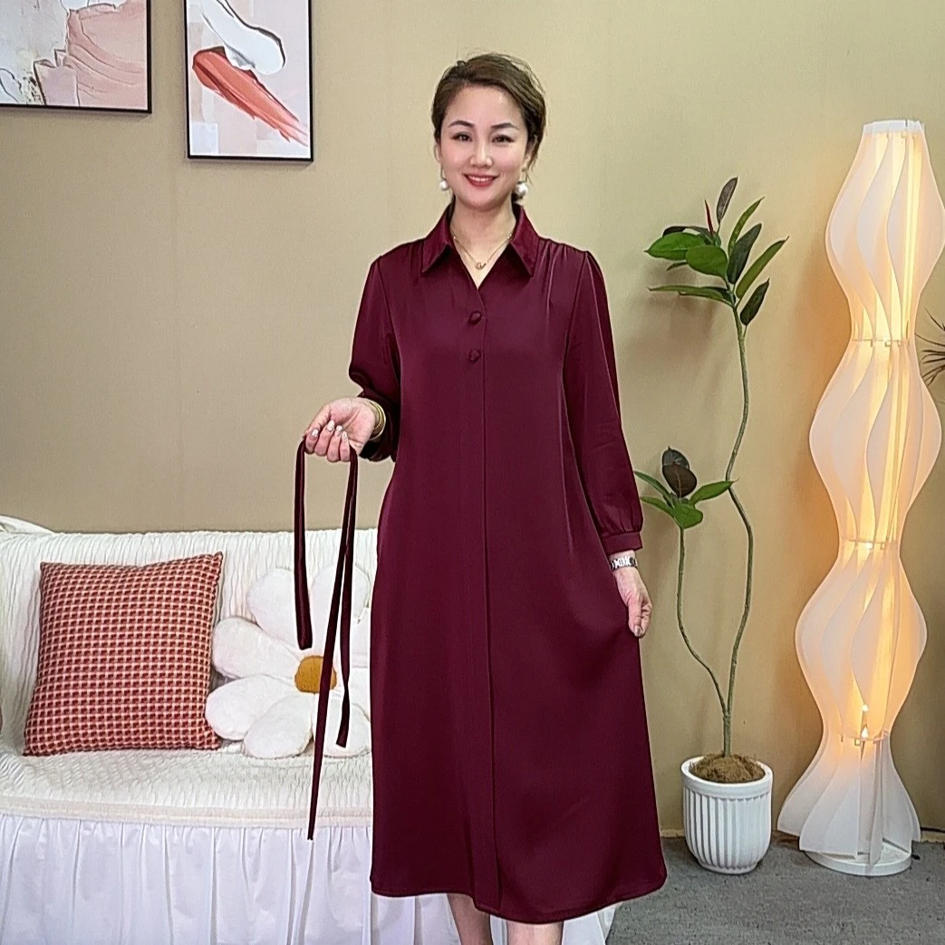 春季新款九分袖休闲风纯色连衣裙妈妈装休闲过膝中长款女显瘦时尚