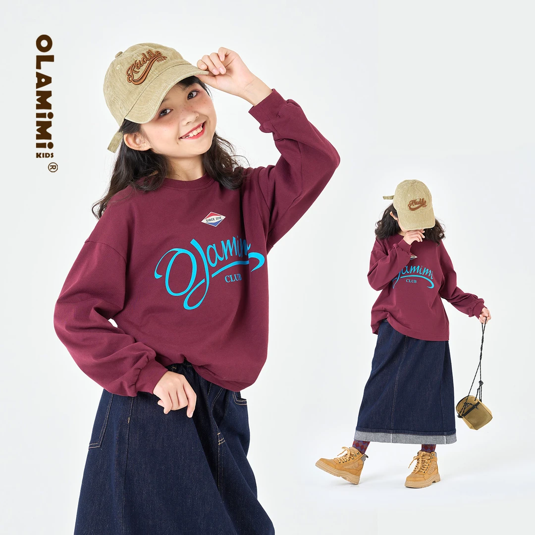 OLAMIMI童装 亲子撞色美式复古甜酷风长袖薄款字母印花T恤卫衣