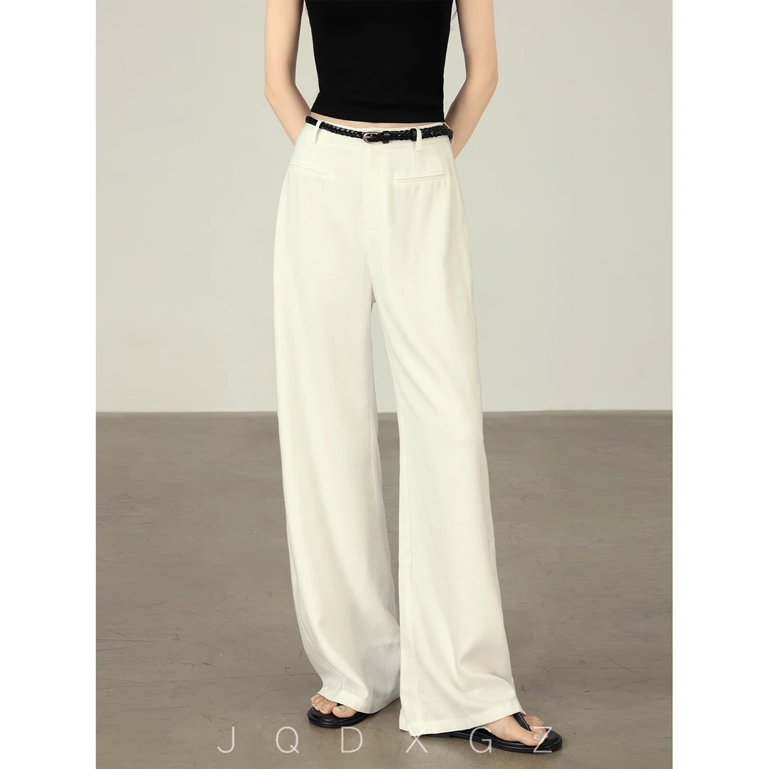 【李李】小个子莱赛尔天丝亚麻休闲裤夏季女士薄款阔腿裤白色直筒裤