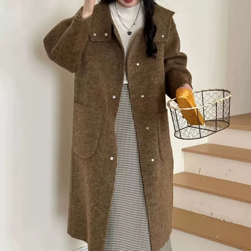 2340#韩版宽松时尚连帽立领长款双面大衣