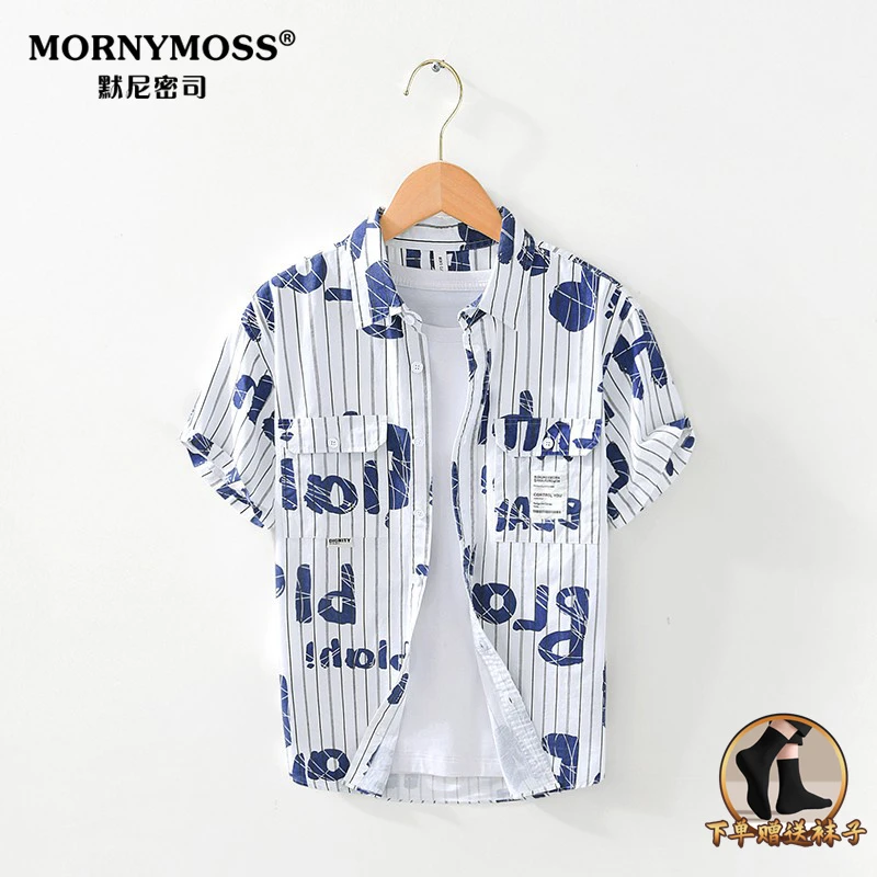 日系字母条纹衬衣外套印花休闲短袖衬衫男夏季新款个性清新风穿搭