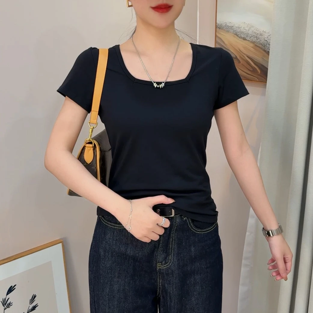黑色短袖t恤女方领修身夏季新款百搭显瘦正肩紧身简约洋气上衣棉