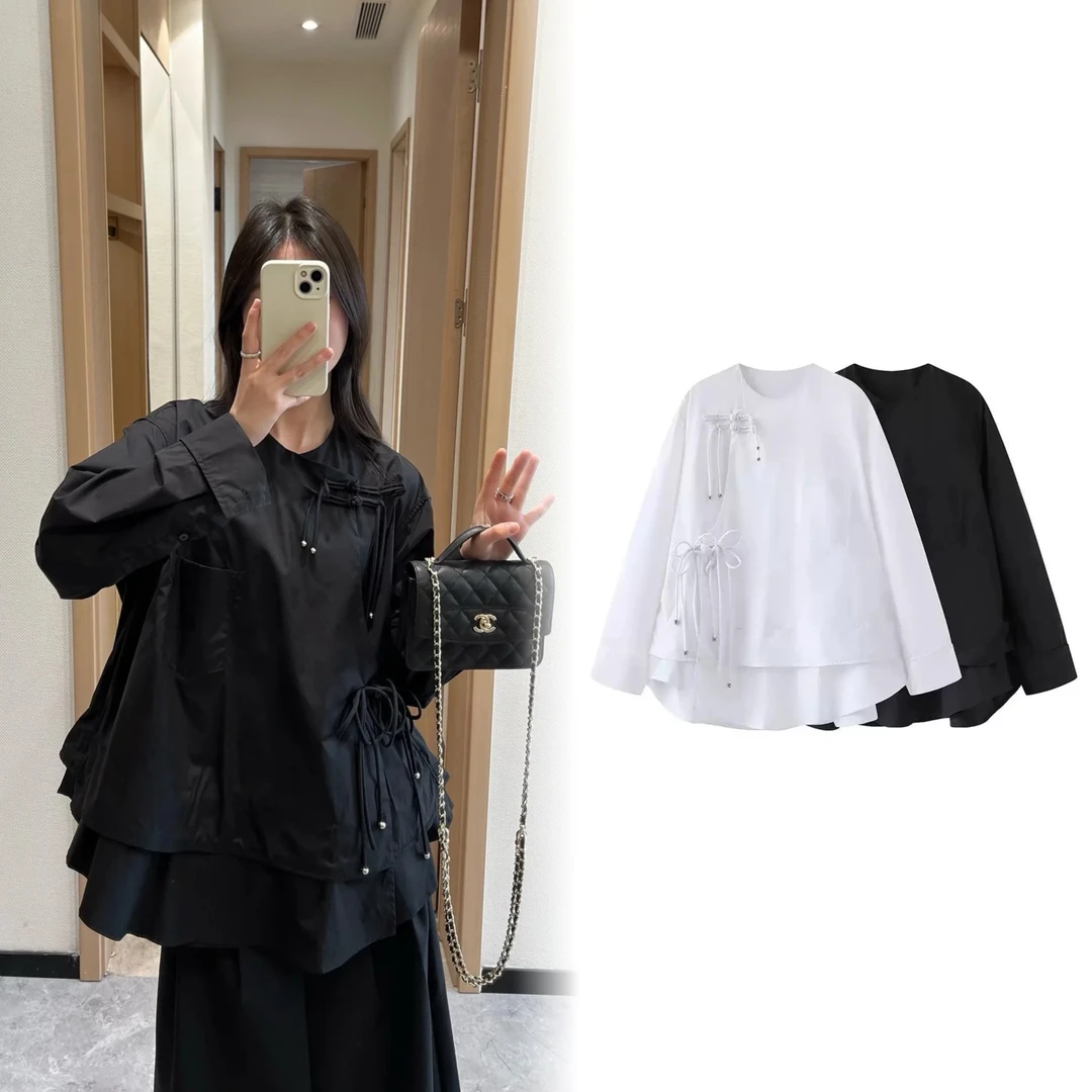 【0118】2025春季新款新中式盘扣拼接宽松设计感衬衫上衣女