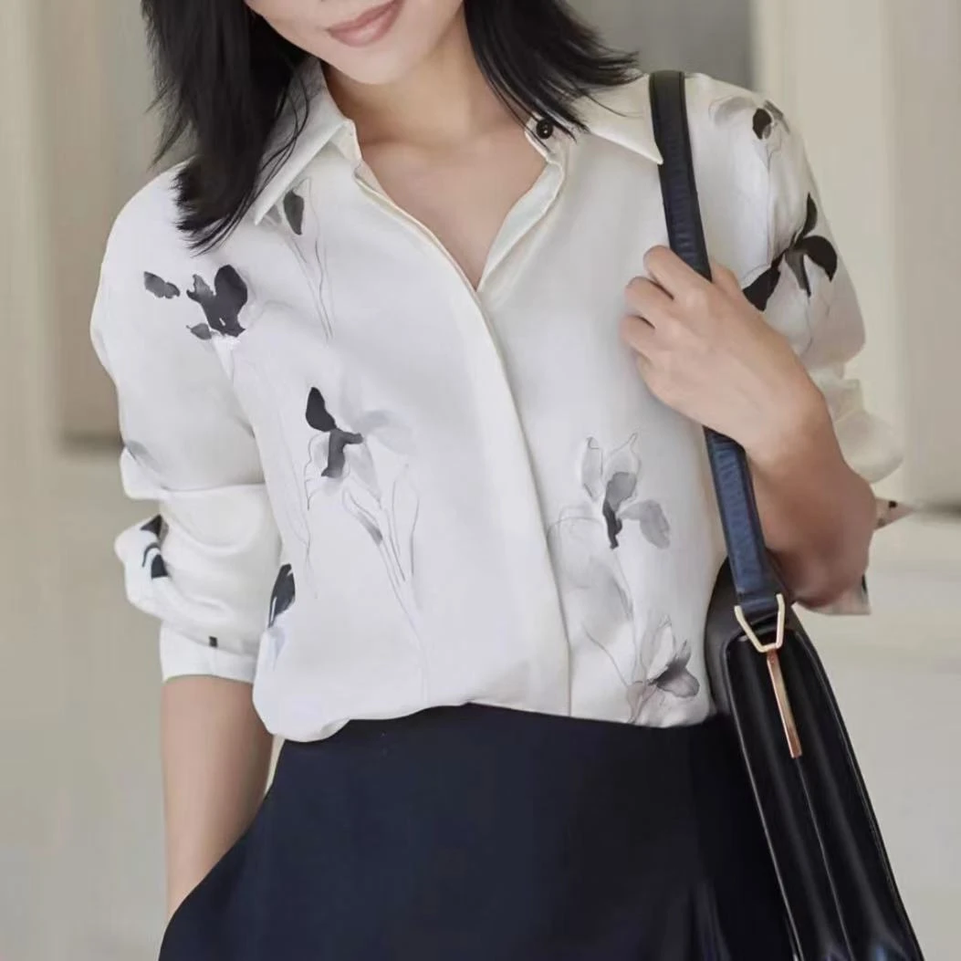<老尚家113>长袖通勤印花韩版女衬衫白色女士小衫轻奢