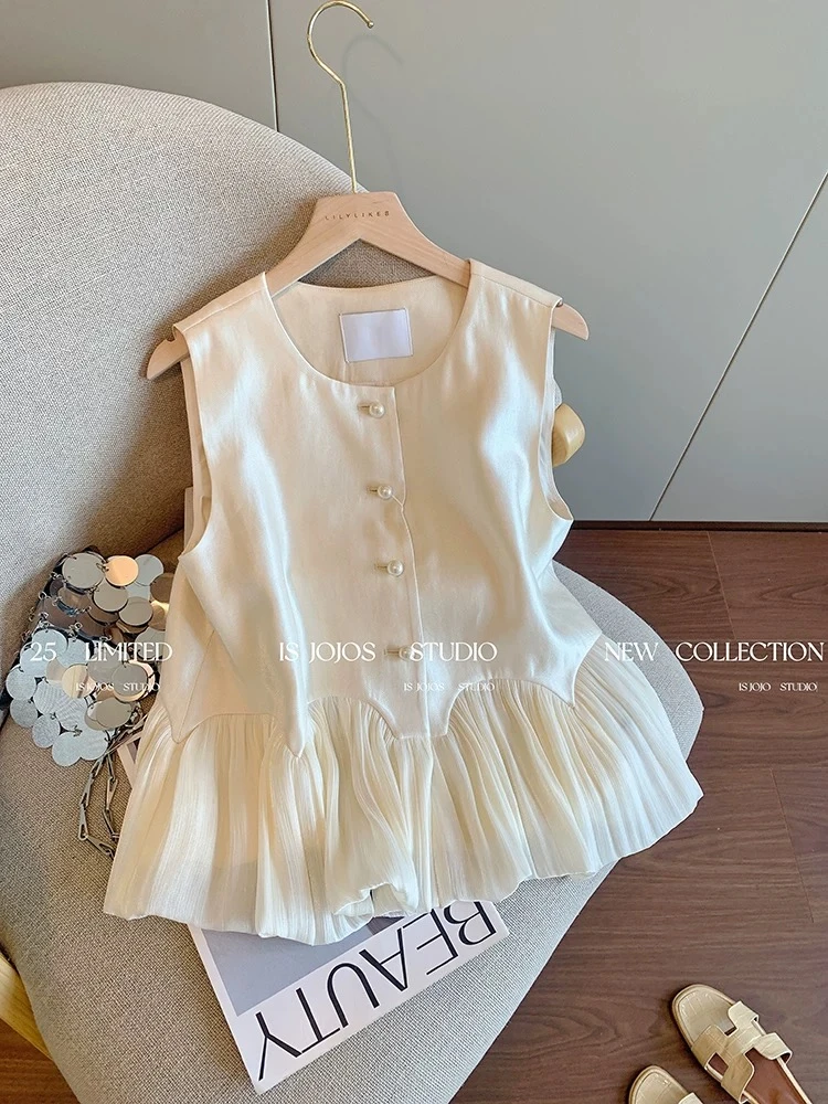 【现货+运费补贴】荷叶边拼接珠光缎面无袖上衣女温柔气质减龄背心